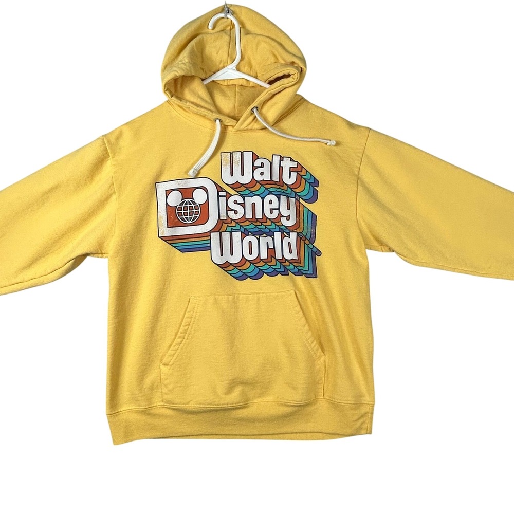 Walt Disney World Yellow Graphic Hoodie Sweatshirt Size S Retro 70's